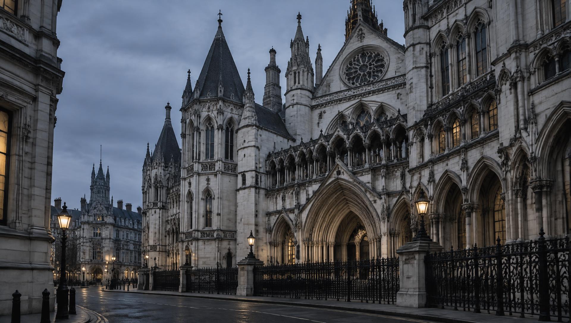 Gothic stone facade of a London court building at dusk